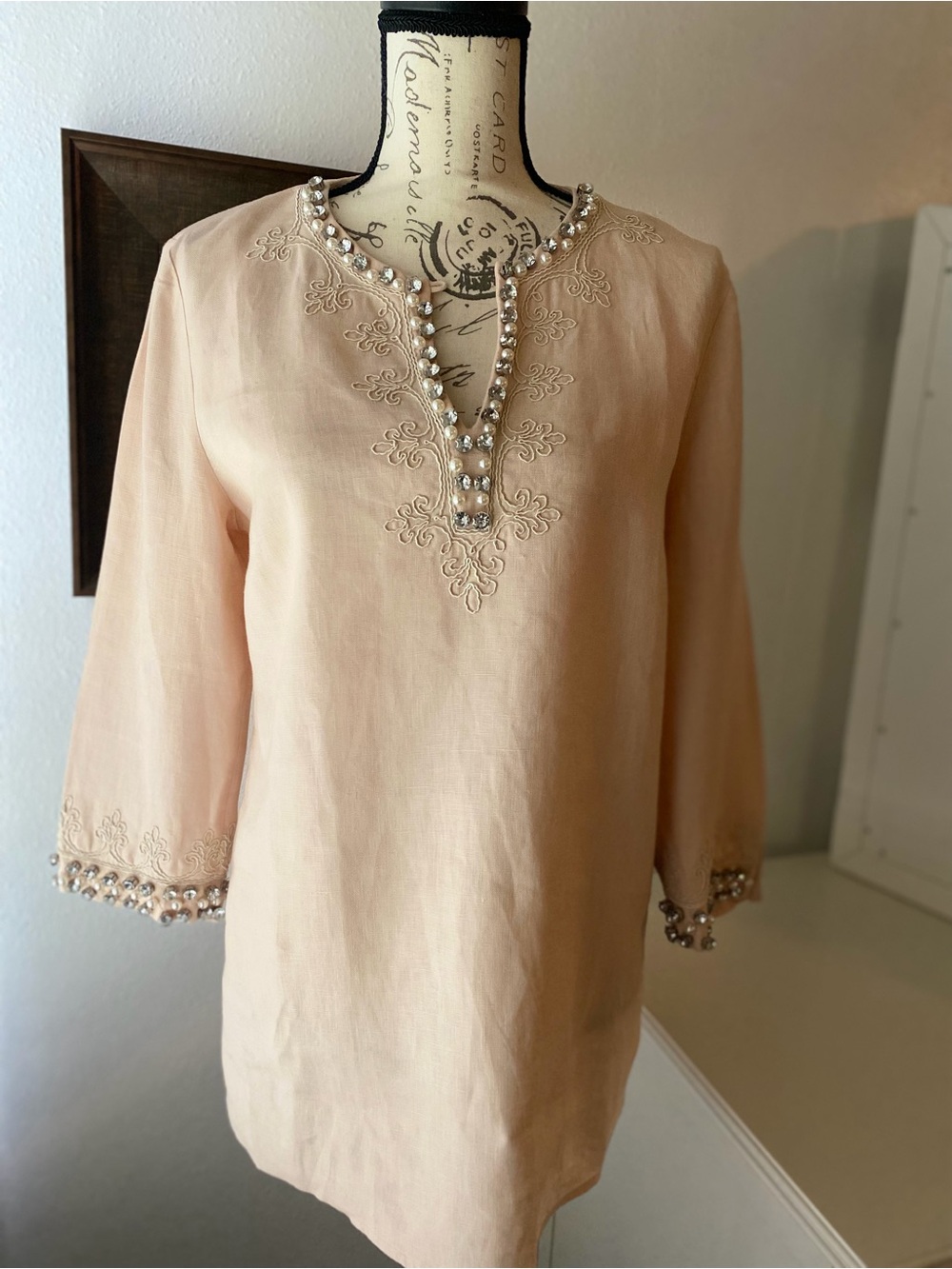 Brooks Brothers Embellished Peach Tunic Top with Beaded Neckline.